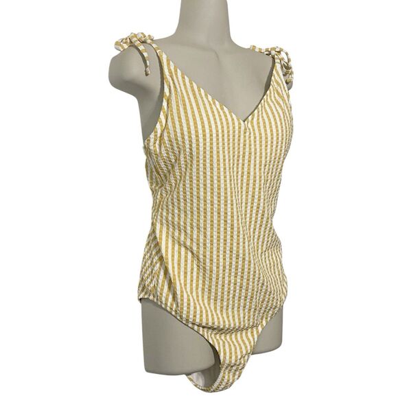 Jessica Simpson Striped Seersucker One Piece Swimsuit Mustard Yellow White Sz L - Picture 6 of 13